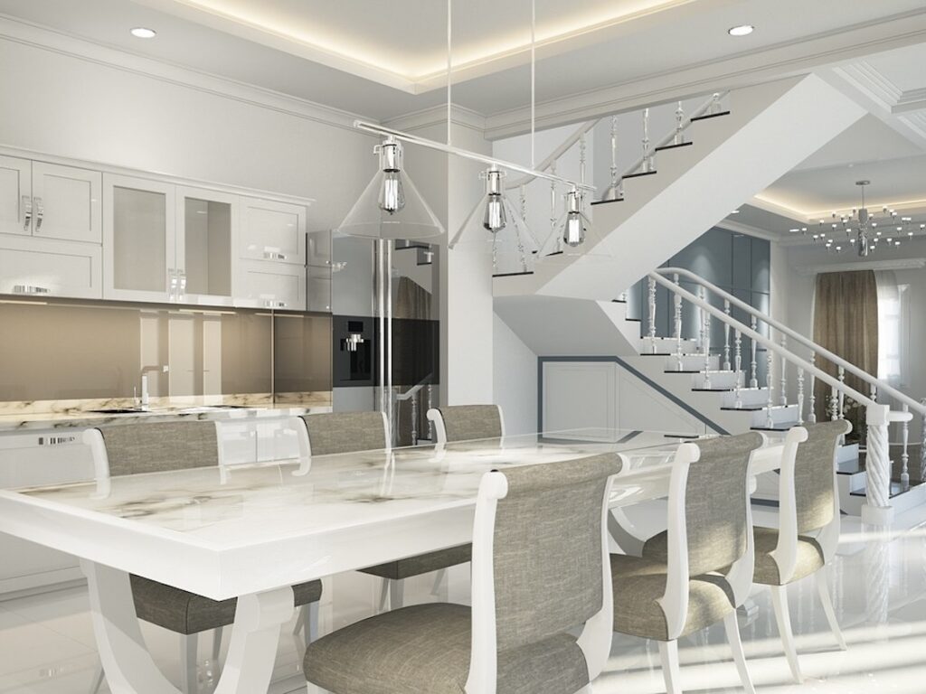 Weiß-marmorierte Küche und Essbereich mit grau-braunen Akzenten, Set