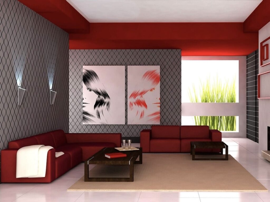 rotes Couchset mit dunklem Holzcouchtischset